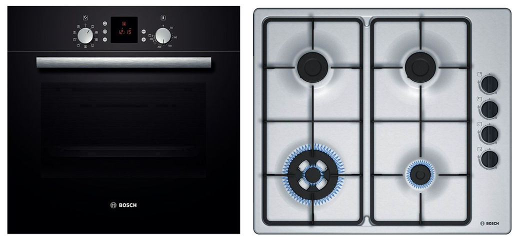 Cuptor incorporabil Bosch HBN539S5, Electric, 67 l, Convectie, Curatare catalitica, Clasa A, Sticla neagra + Plita incorporabila Bosch PBH6B5B60, Gaz, 4 Arzatoare, 60 cm, Inox