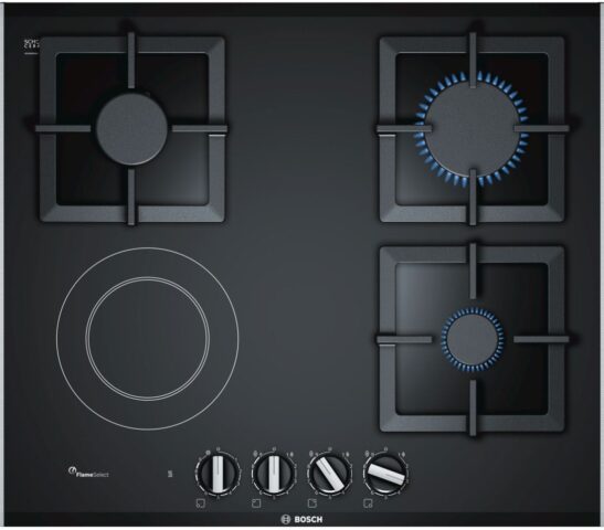 Plita incorporabila Bosch PSY6A6B20, Vitroceramica mixta, 3 arzatoare, 1 zona de gatit, Gratare fonta, Negru